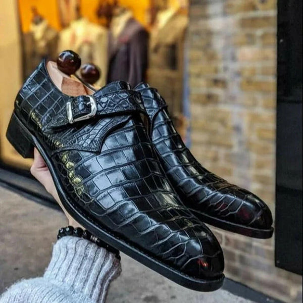 Handmade Black Alligator Crocodile Men Leather Single Monk Strap Dress Shoes, Gift for him, Men Shoes