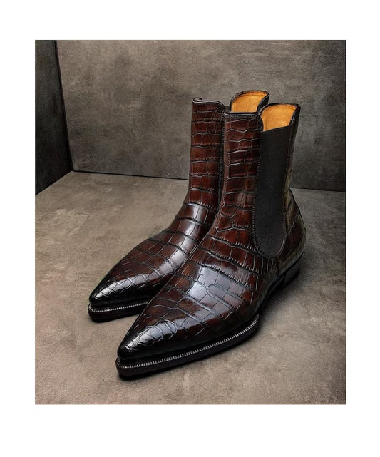 Handmade Dark Brown Leather Classic Men Alligator Crocodile Chelsea Boot