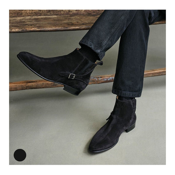 Handmade men's black suede leather ankle strap boots, Men's Stylish Black Suede Boot