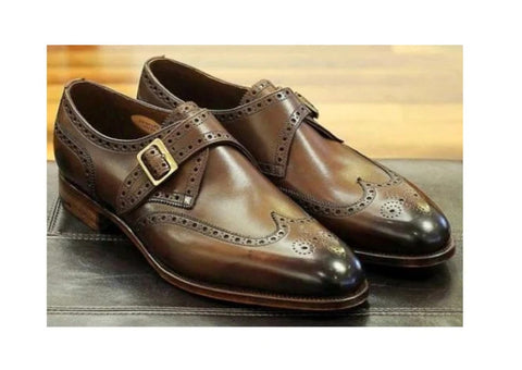 Men's Handmade Brown Leather Oxford Brogue Wingtip Single Buckle Monk Strap Dress Shoes, Gift for him