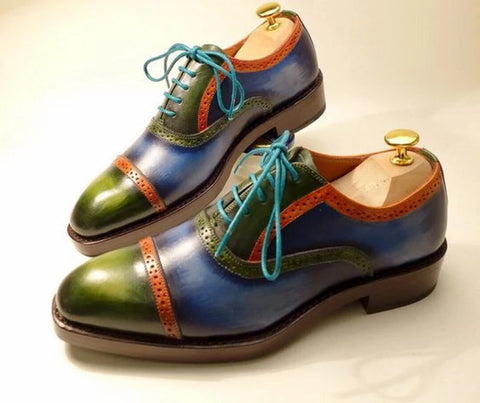 Men's Handmade Three Tone Multi Colors Leather Oxford Brogue Toe Cap Lace Up Formal Shoes