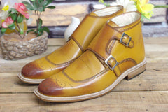 New Handmade Men's Tan Double monk chukka boot, Men Ankle Buckle Strap boot