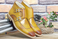 New Handmade Men's Tan Double monk chukka boot, Men Ankle Buckle Strap boot