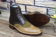 Handmade Leather Beige Brown Leather Boot for Men with Suede Lace Up Cap toe high Ankle