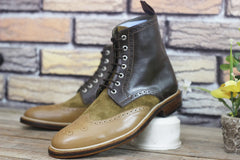 Handmade Leather Beige Brown Leather Boot for Men with Suede Lace Up Cap toe high Ankle
