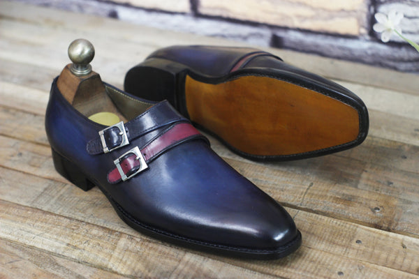 Handmade Blue Double Monk Leather Buckle Strap Two Tone Shoes For Men