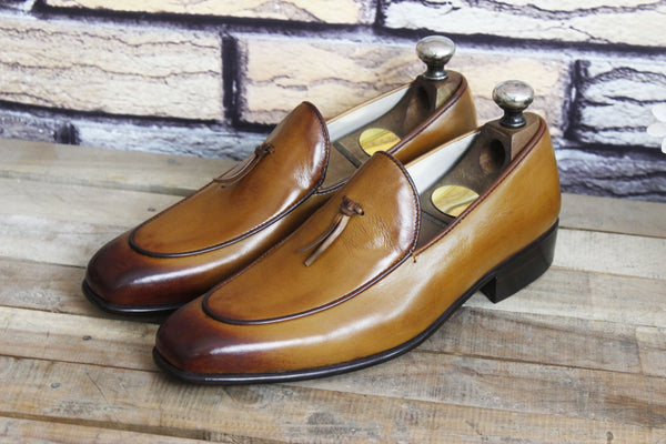 Handmade Brown Leather Tassels Loafers Slips On Moccasin Shoes for men