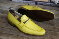 Handmade Leather Yellow Loafers Slips On Hand Stitch Shoes, Handcraft Customize Shoes
