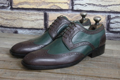 Handmade Men Green Brown Leather Wingtip Lace up Dress shoes