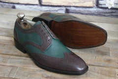 Handmade Men Green Brown Leather Wingtip Lace up Dress shoes