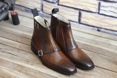 Handmade Brown Leather Ankle Boots for Men, High Ankle Monk Boots