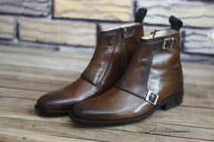 Handmade Brown Leather Ankle Boots for Men, High Ankle Monk Boots