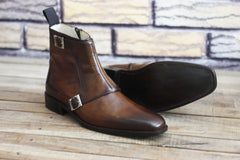 Handmade Brown Leather Ankle Boots for Men, High Ankle Monk Boots