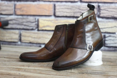 Handmade Brown Leather Ankle Boots for Men, High Ankle Monk Boots