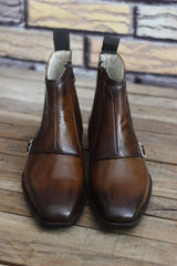 Handmade Brown Leather Ankle Boots for Men, High Ankle Monk Boots