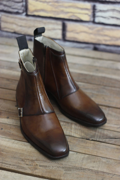 Handmade Brown Leather Ankle Boots for Men, High Ankle Monk Boots