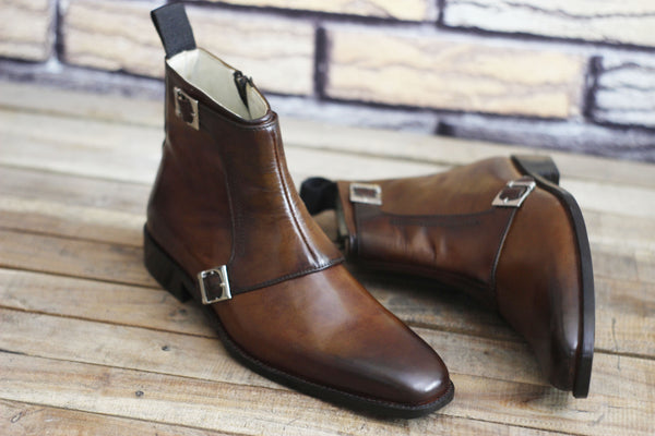 Handmade Brown Leather Ankle Boots for Men, High Ankle Monk Boots