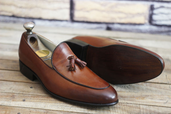 Handmade Leather Men's Brown Tassels Loafers Shoes