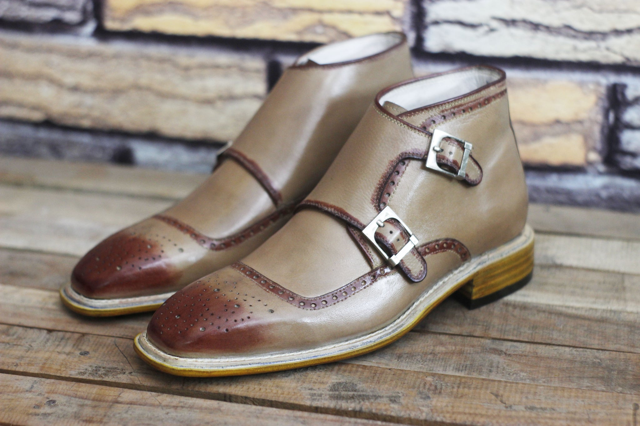 New Handmade Beige Double monk chukka boot for Men | Ankle Buckle Strap boot