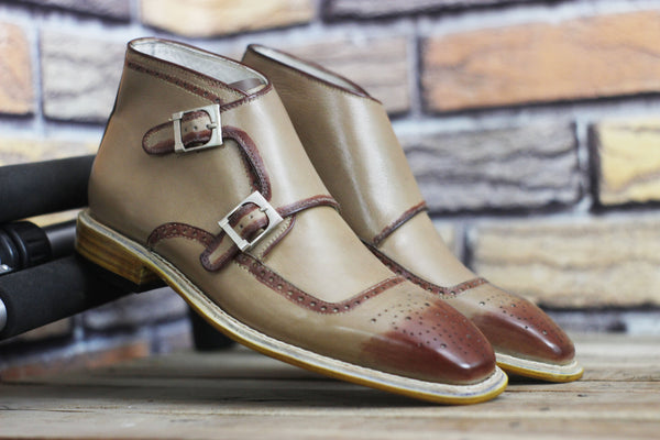 New Handmade Beige Double monk chukka boot for Men | Ankle Buckle Strap boot