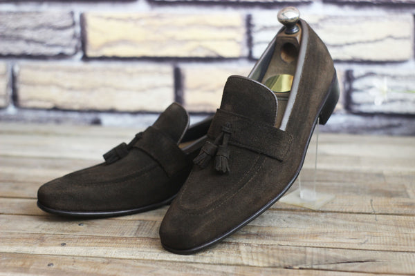 Handmade Men's Dark Brown Tassels Loafers Slips On Moccasin Shoes