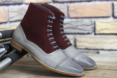 Handmade Leather Gray Maroon Suede Lace Up Cap toe Ankle High Boot for Men
