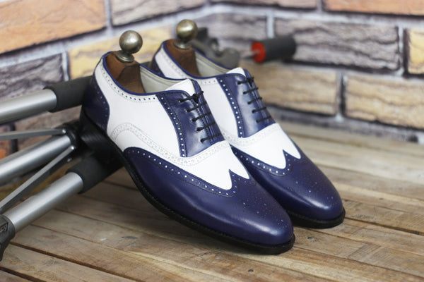 Handmade Leather Dress shoes for men with 2 Tone white and blue Wingtip Lace up