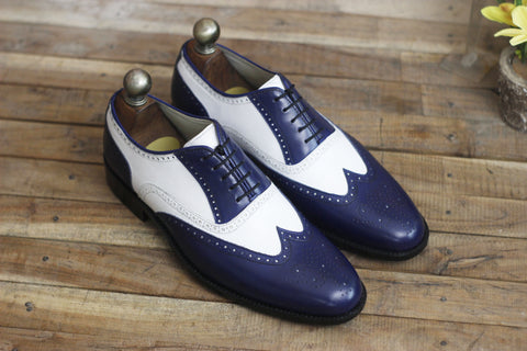 Handmade Leather Dress shoes for men with 2 Tone white and blue Wingtip Lace up