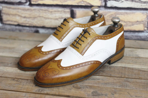 Handmade White and Brown Leather Dress Shoes for Men with 2 Tone Wingtip Lace up