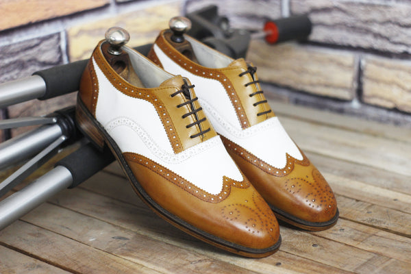 Handmade White and Brown Leather Dress Shoes for Men with 2 Tone Wingtip Lace up