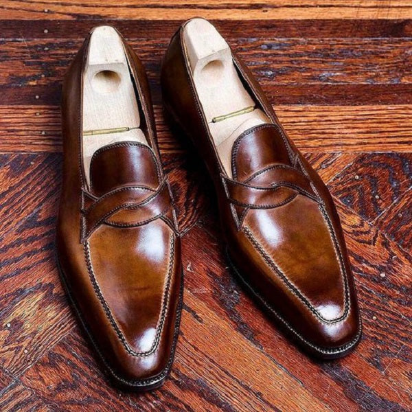 Men Brown Leather Beautifully Finishing Formal Handmade Moccasin Shoes