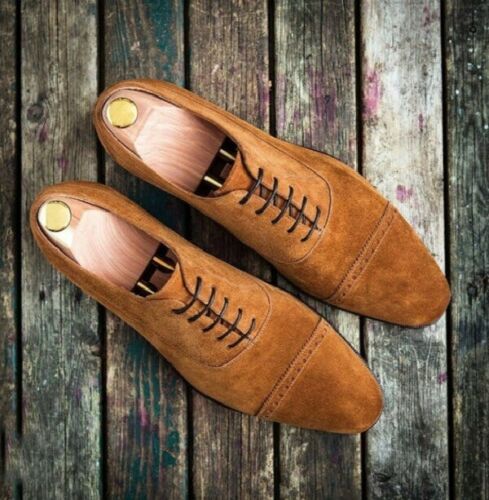 Handmade Men’s Suede Lace Up Stylish Shoes, Men’s Tan Color Cap Toe Stylish Shoe