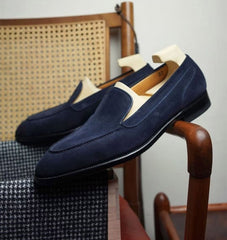 Handmade Round Toe Navy Blue Suede Loafers Stylish Dress Shoes for Men's