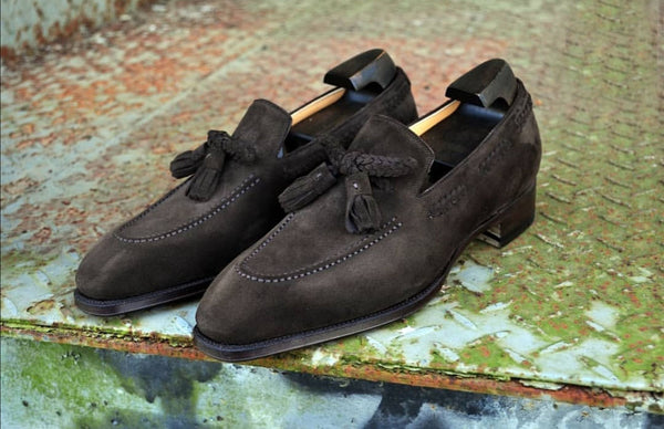 Handmade Black Round Toe Tussles Suede Stylish Loafer Shoes For Men's