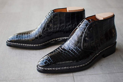 Handmade Men's Chukka Lace Up Round Toe Dress Crocodile Texture Leather Boots