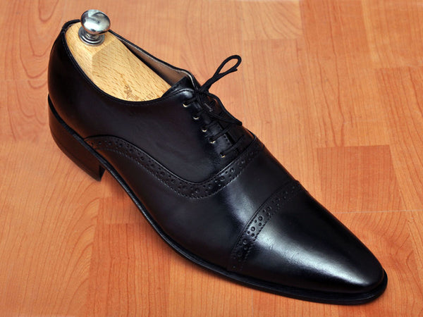 HANDMADE MEN'S OXFORD BLACK LACEUP LEATHER SHOES, MENS BLACK DRESS LEATHER SHOES