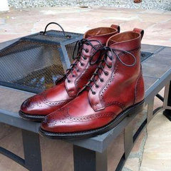 Handmade Burgundy Wing Tip Brogue Ankle High Leather Lace up Boots for Men's