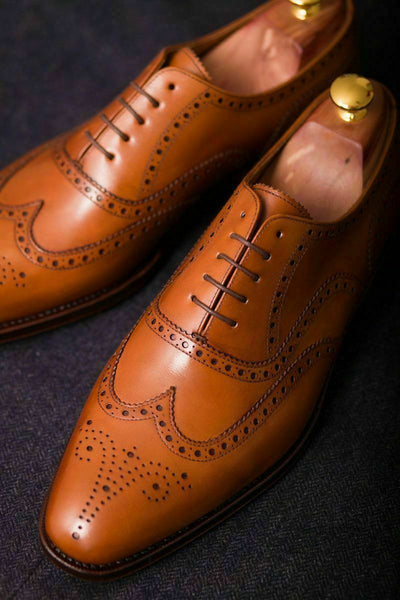 Men's Handmade Tan Leather Oxford Brogue Wingtip Wedding Formal Shoes