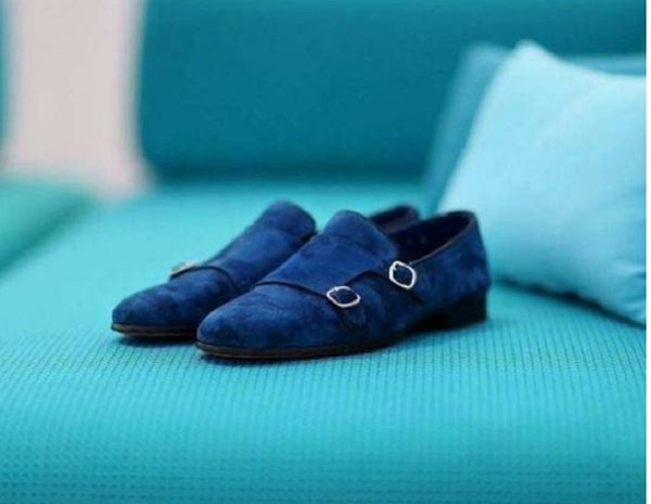 Handmade Men's Double Monk Strap Round Toe Dress Shoes, Real Suede Shoes