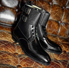 Handmade Black Pebbled Leather Buckle Lace Up Ankle High Boots for Men's