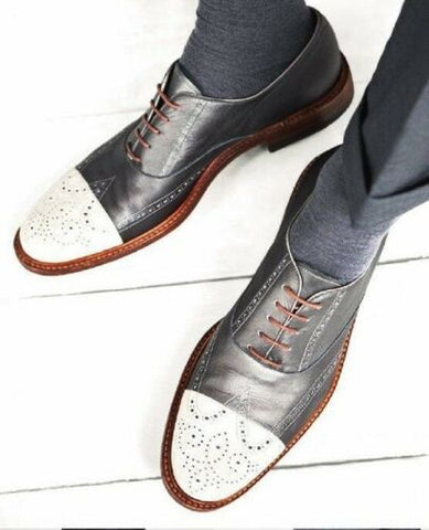 Handmade Two Tone Black & White Real Leather Brogue Shoes for Men