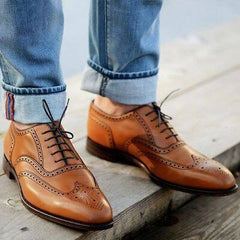 Handmade Men's tan leather formal shoes, Men wingtip brogue shoes, formal shoes