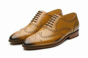 New Handmade Men Tan Leather Oxford Brogue Wingtip Leather Shoes