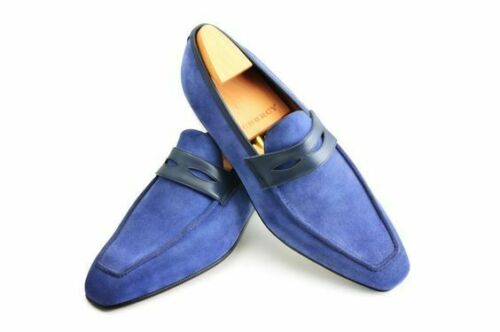 Handmade Men Original Blue Suede Loafers Slip Ons Shoes for Men