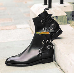 Handmade Men's Black jodhpurs buckle double monk strap dress Formal boot