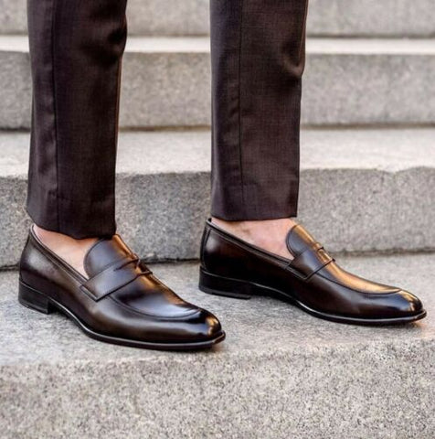 Handmade Brown Round Toe Formal Slip On Dress Men's Shoes
