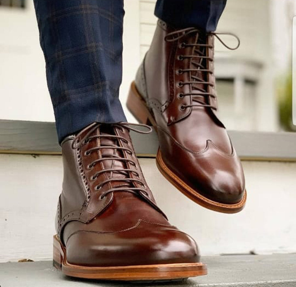 Handmade Brown Wing Tip Leather Ankle Dress Boot For Men's