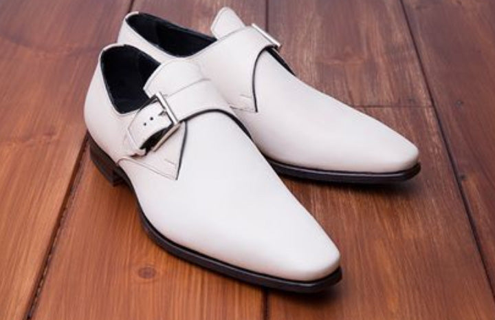 Handmade Men's Cow White Formal Custom Monk Strap Shoes