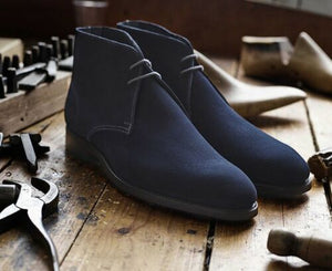 Handmade Men's Chukka Boot, Men's Navy Blue Suede Lace Up Casual Boot.