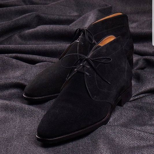 Men's Pure Handmade Stylish Black Suede Casual Chukka Lace Up Boots
